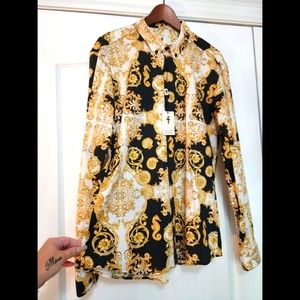 Father Sons 🤎🖤 Black and Gold Barroque Style Long Sleeve Button Up Dress Shirt